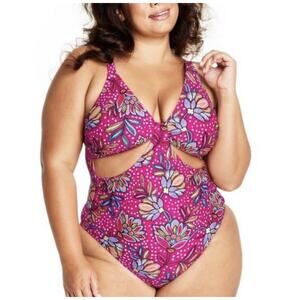 Tabitha Brown For Target One Piece Swim Suit Size 22 W Hot Pink Floral Cheeky‎